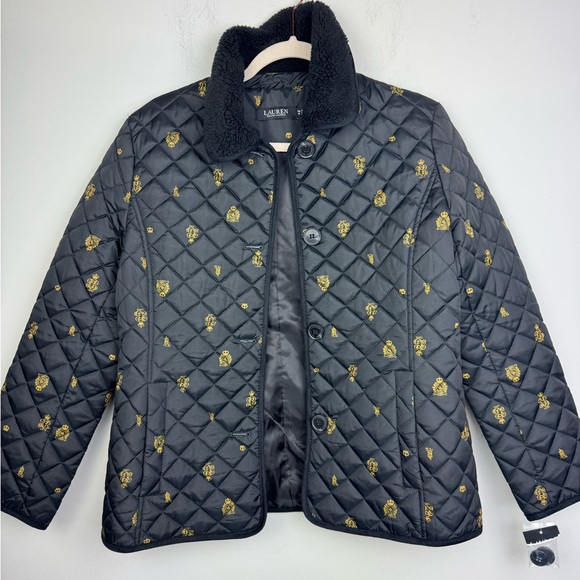 Lauren Ralph Lauren Sherpa Collar Black Diamond Quilted Jacket Size Pet Medium - Picture 2 of 11